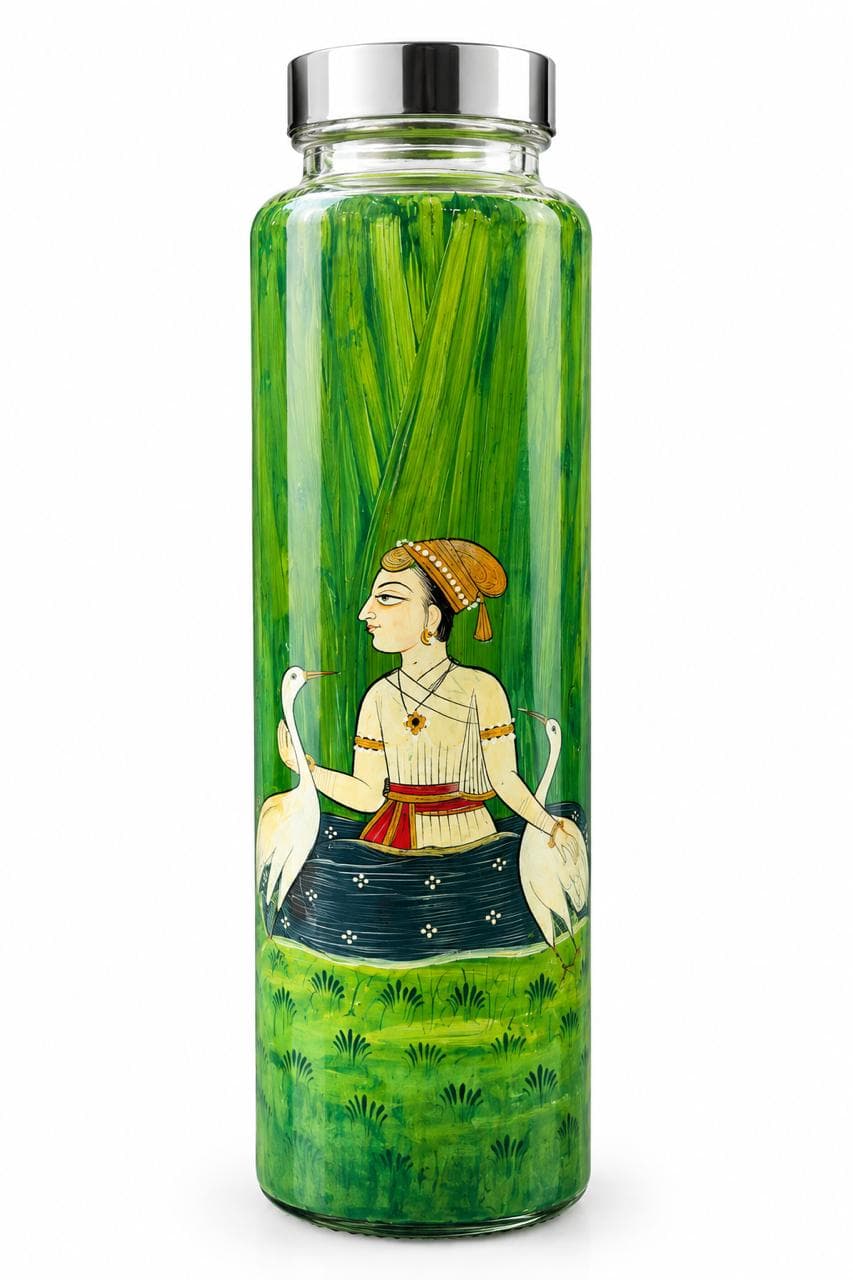 Green Crane Handpainted Bottle