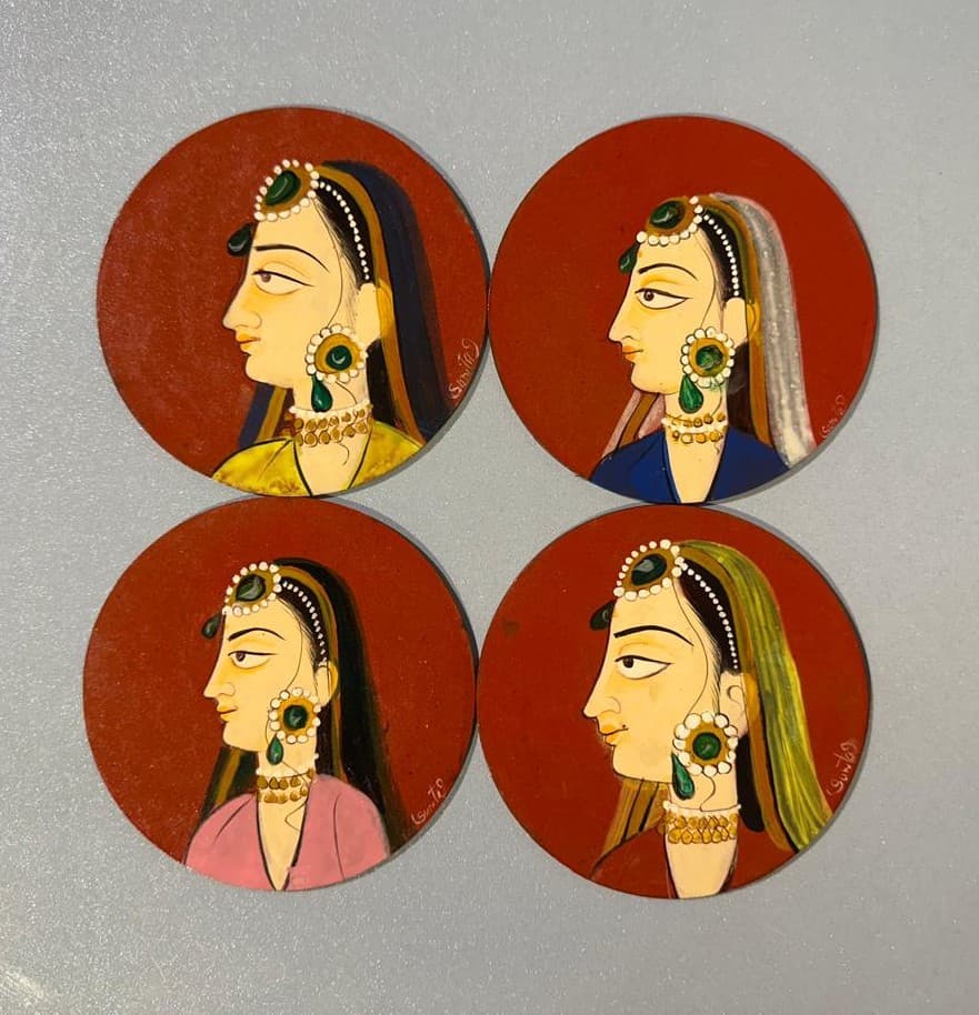 Basohli Coaster Set: Crimson Profiles (Set of 4) View 2